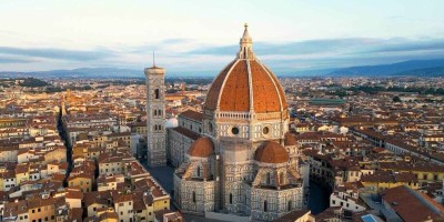 Aerial view of Florence Cathedral (Duomo di Firenze), Cathedral of Saint Mary of the Flower, sunset golden hour, Italy