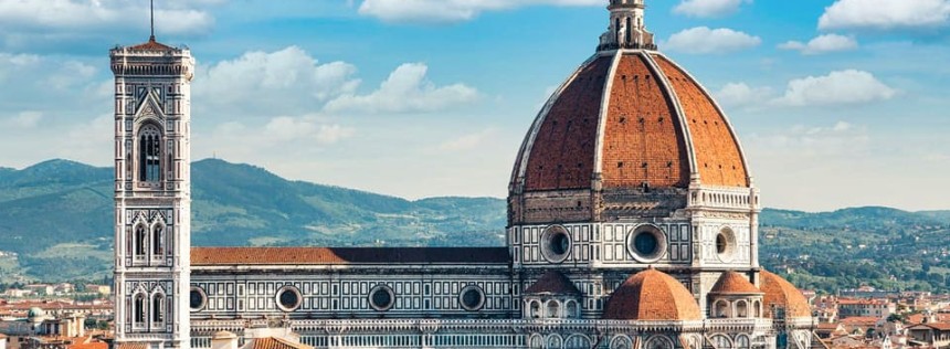 Aerial view of Florence Cathedral (Duomo di Firenze), Cathedral of Saint Mary of the Flower, sunset golden hour, Italy